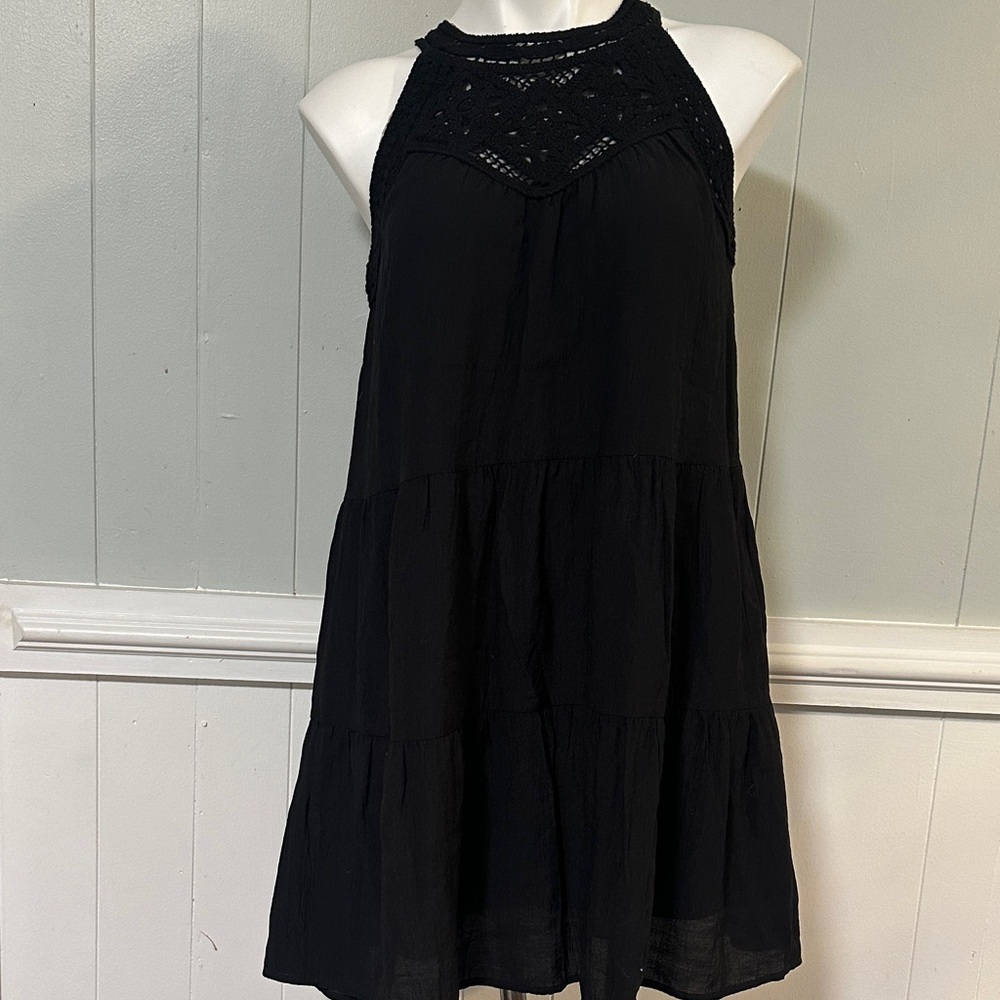 Black Crochet Halter Tiered Mini Dress